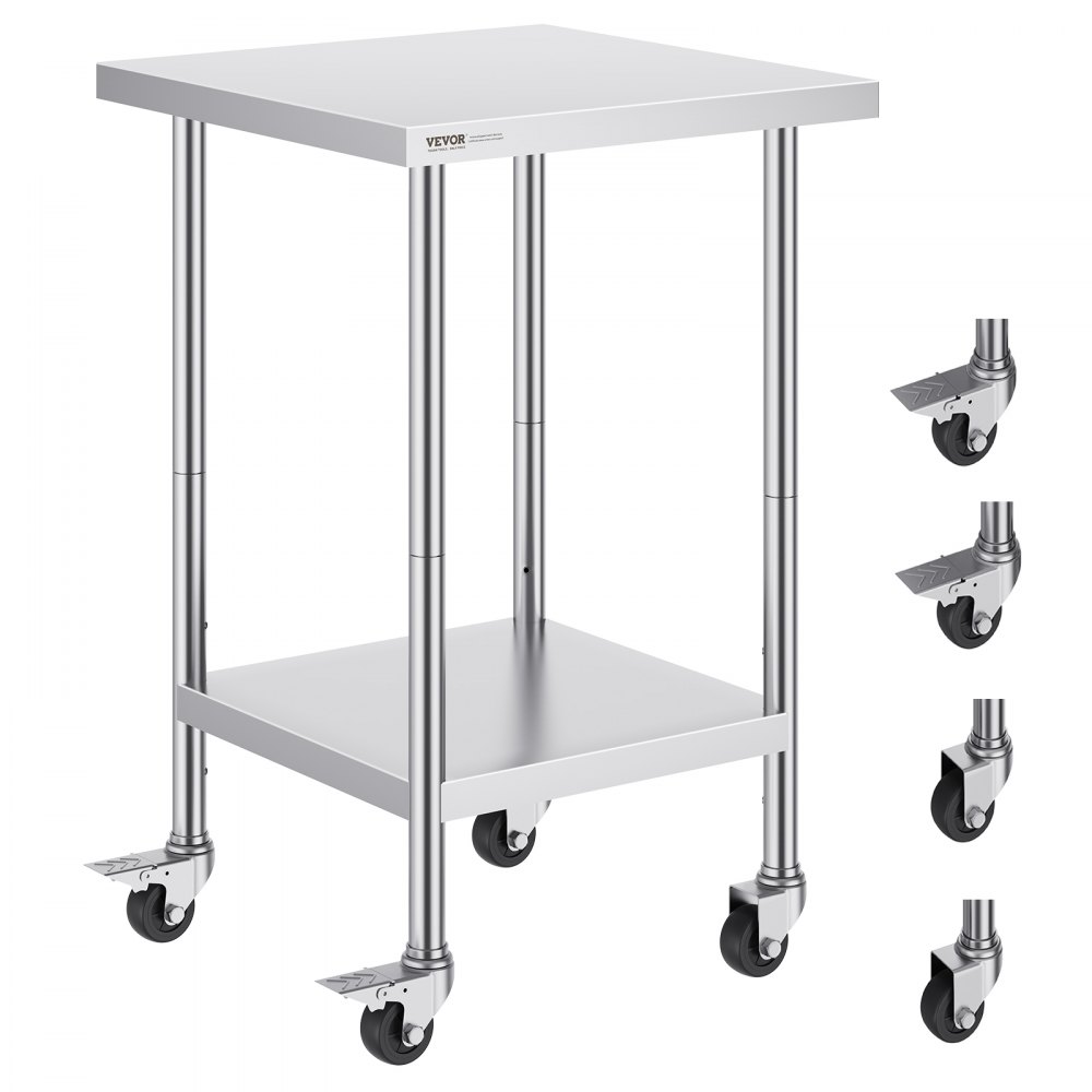 stainless steel work table with adjustable shelf and caster wheels by VEVOR.