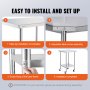 easy installation steps for VEVOR stainless steel work table, including table top assembly, adjustable corners, screw fixing