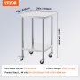 VEVOR stainless steel work table with casters, 24x24 inch surface, 38 inch height, and 27 lbs weight.