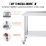 installation guide for VEVOR stainless steel work table with easy setup accessories and adjustable assembly.