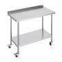 VEVOR stainless steel work table with undershelf, backsplash, and caster wheels for kitchen or workshop.