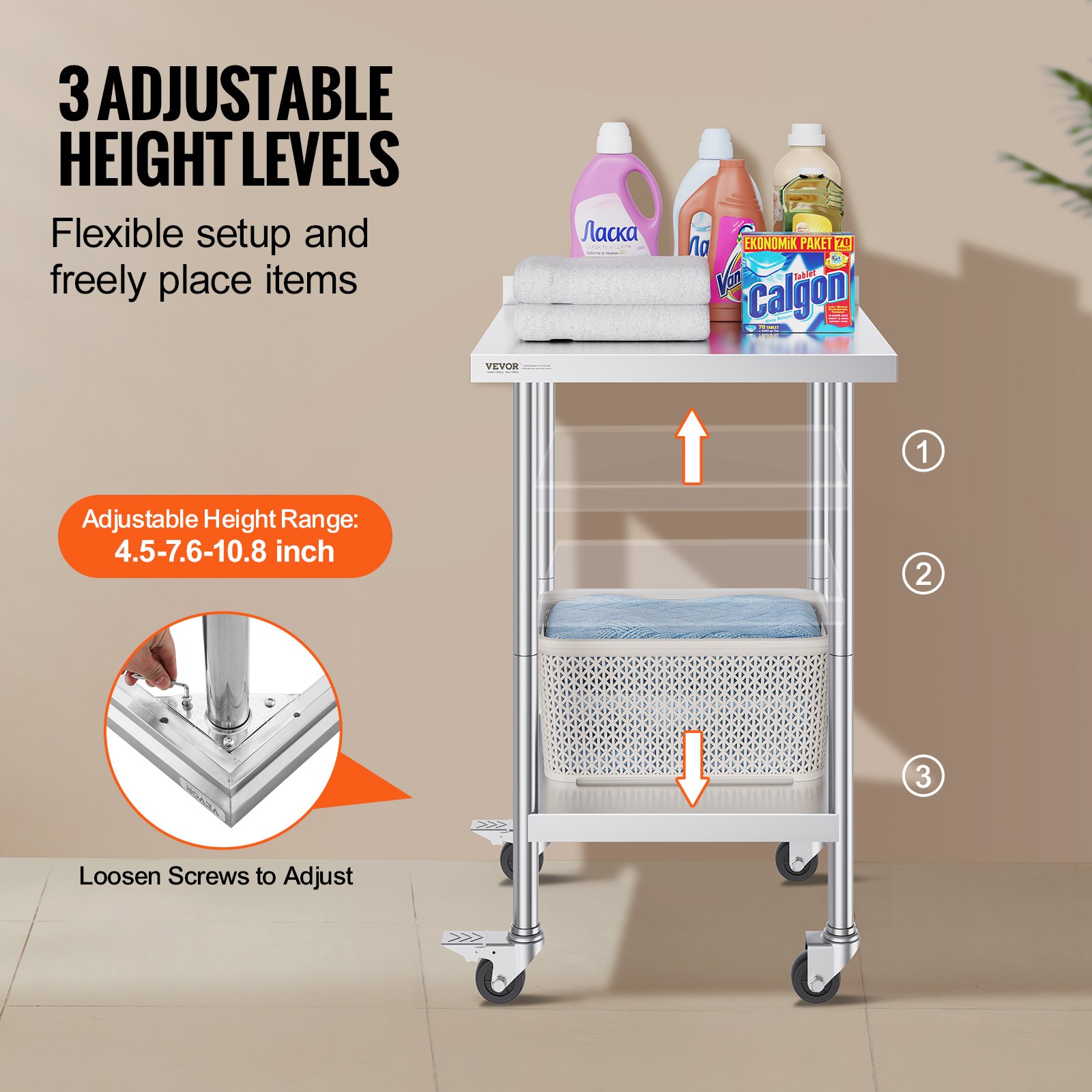 VEVOR RVS werktafel, commerciële voedselbereidingstafel met wielen, voorbereidingstafel, in hoogte verstelbare werktafel voor restaurants 610 x 610 x 1005,6 mm