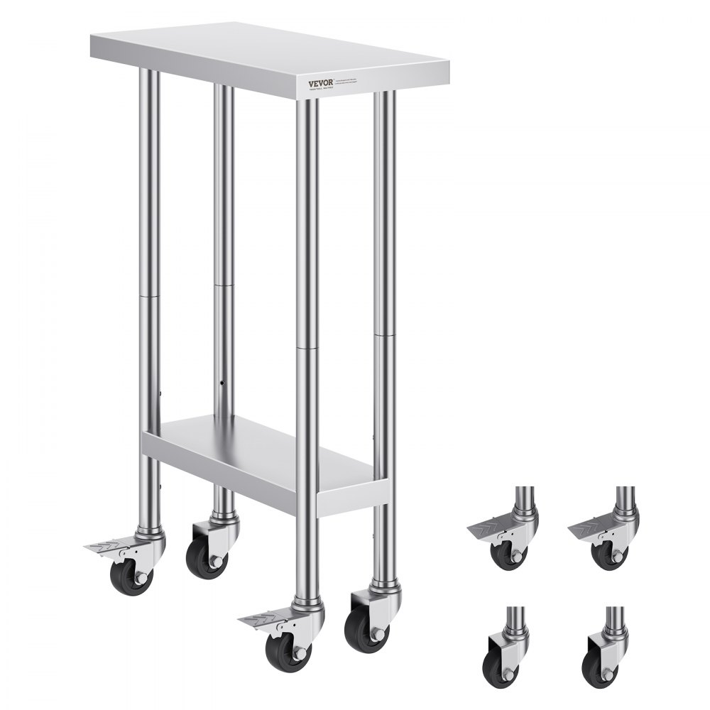 VEVOR stainless steel work table with bottom shelf and caster wheels detached.