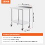 VEVOR Stainless Steel Work Table Commercial Food Prep Table 24"x36" with Casters