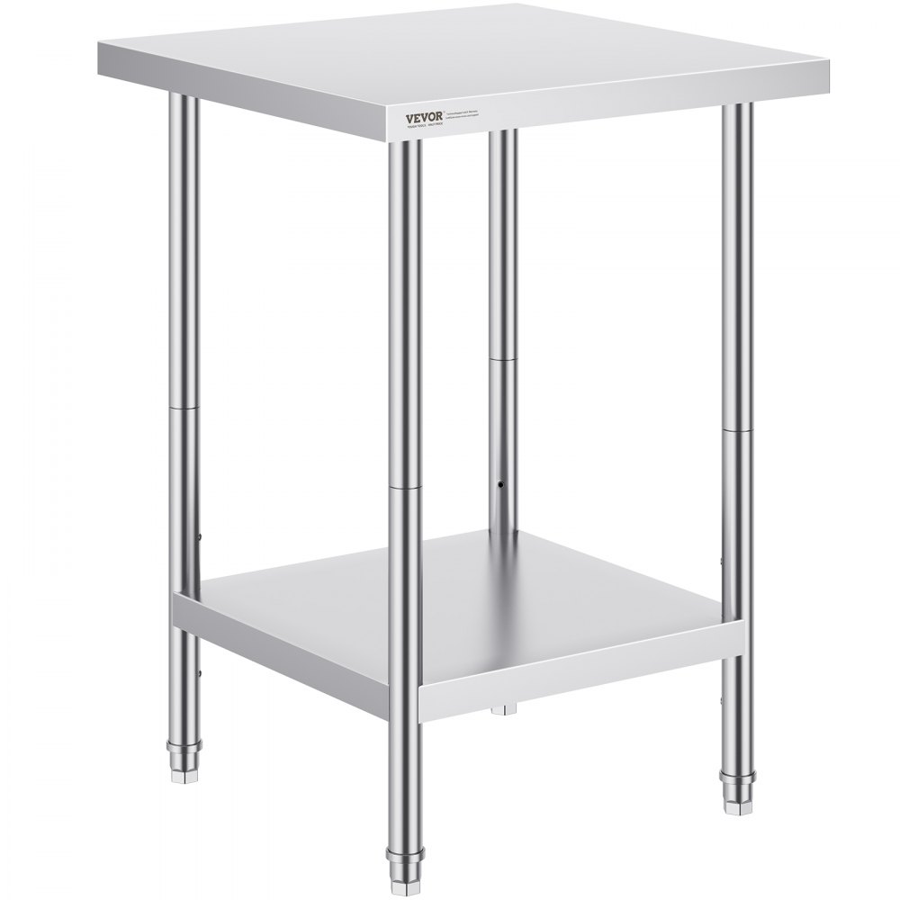 VEVOR stainless steel prep table with lower shelf and adjustable legs, ideal for kitchens and workspaces.