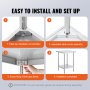 easy steps to install VEVOR stainless steel prep table: secure tabletop, adjust corners, fix base, complete.