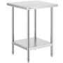 VEVOR stainless steel prep table with lower shelf and adjustable legs, ideal for kitchens and workspaces.