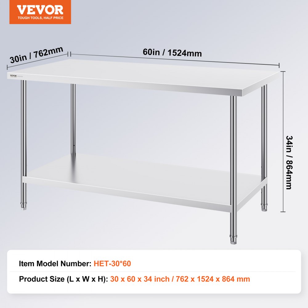 VEVOR Stainless Steel Prep Table, 30 x 60 x 34 Inch, Heavy Duty Metal Worktable with 3 Adjustable Height Levels, Commercial Workstation for Kitchen Garage Restaurant Backyard