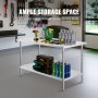 VEVOR stainless steel prep table in a workshop with ample storage space for tools and equipment.