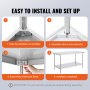 easy setup steps for VEVOR stainless steel prep table: worktable installation, adjustable corners, secure base, complete assembly.