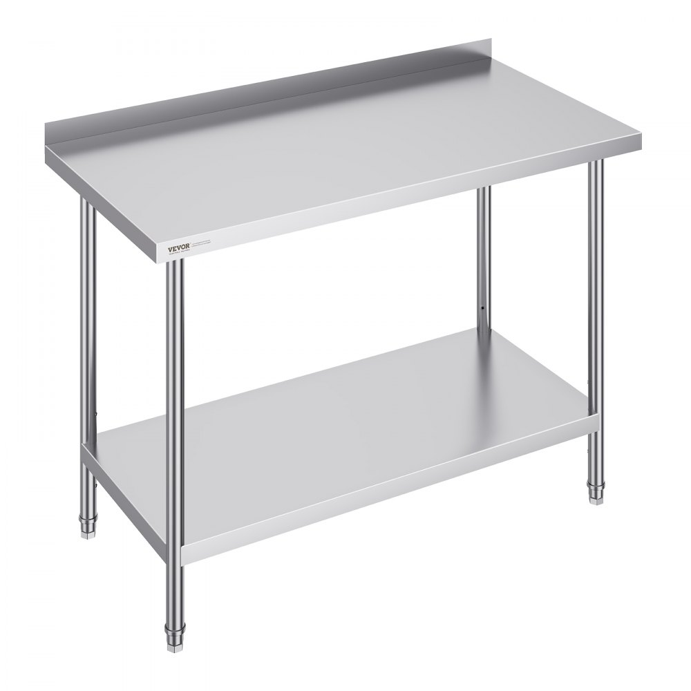 VEVOR stainless steel work table with backsplash, lower shelf, and adjustable legs for kitchen or workshop use.