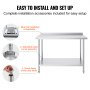 VEVOR stainless steel work table with easy installation steps for tabletop, corner assembly, and base frame.