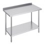 VEVOR stainless steel work table with backsplash, lower shelf, and adjustable legs for kitchen or workshop use.