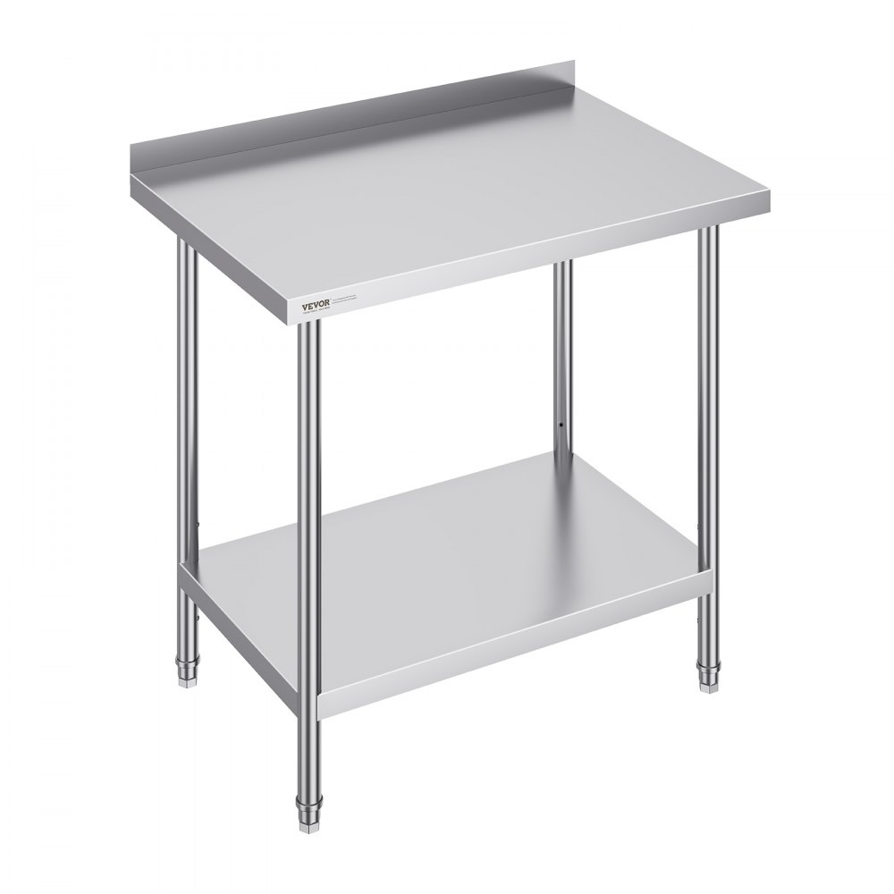 VEVOR stainless steel work table with undershelf and backsplash, featuring sturdy legs and sleek design.