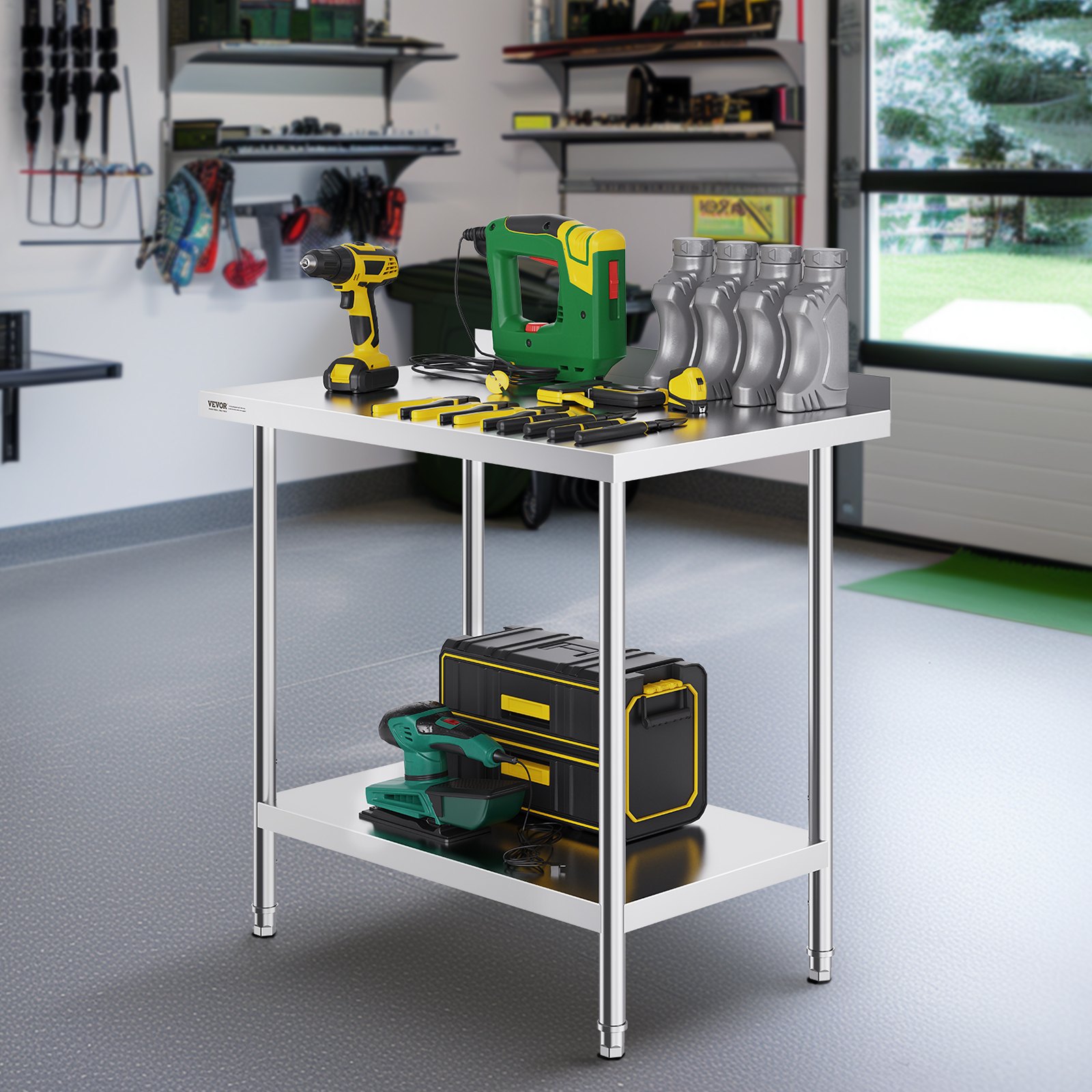 VEVOR RVS werktafel, commerciële werktafel voor voedselbereiding, robuuste metalen werktafel met verstelbare hoogte voor restaurant, thuis en hotel 610 x 914 x 914 mm