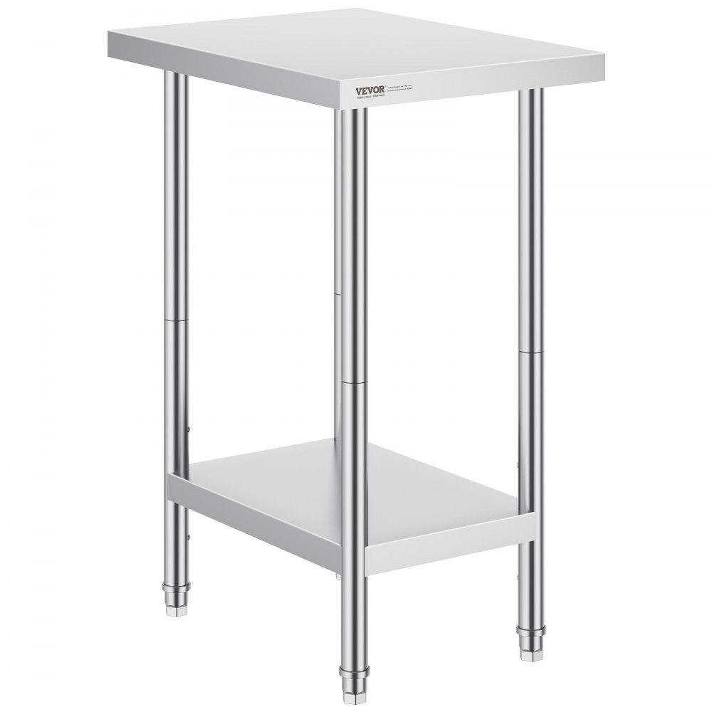 VEVOR stainless steel prep table with adjustable legs and lower storage shelf for kitchen use.