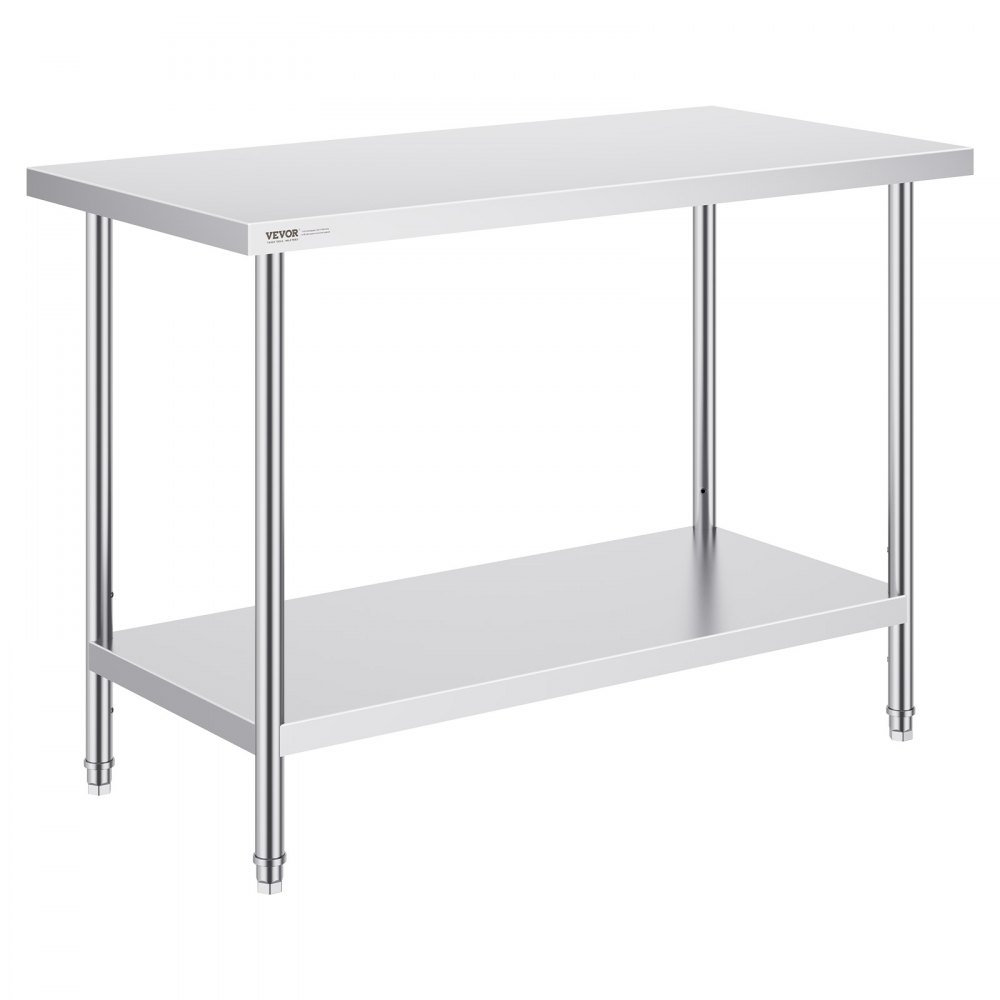 VEVOR stainless steel prep table with undershelf, perfect for kitchen organization and workspace.