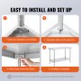 easy installation steps for VEVOR stainless steel prep table: tabletop, corner assembly, frame screws, completed table.