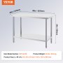 VEVOR stainless steel prep table, 24x48 inches, double-layer, 34 inches high, 45 lbs weight.