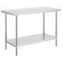 VEVOR stainless steel prep table with undershelf and adjustable feet, ideal for kitchens and workshops.
