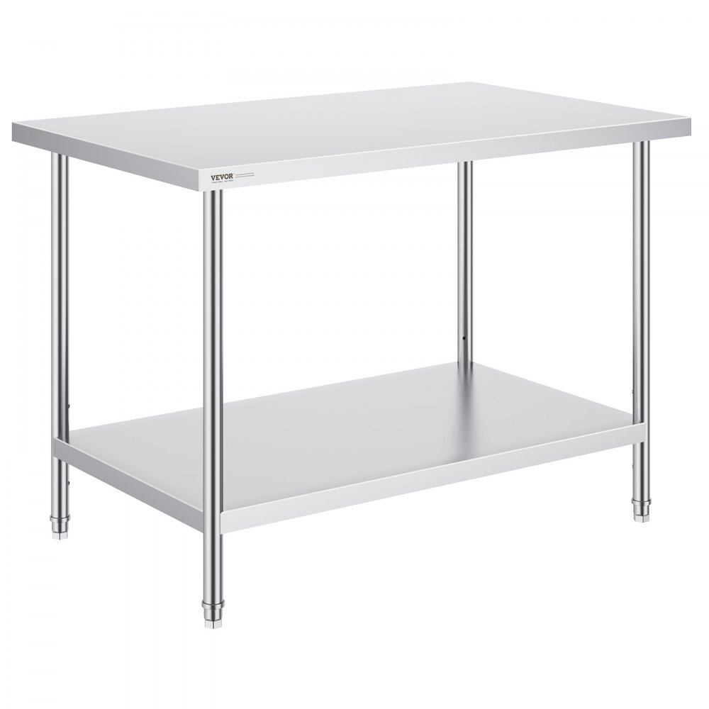 VEVOR Stainless Steel Prep Table, 30 x 48 x 34 Inch, Heavy Duty Metal Worktable with 3 Adjustable Height Levels, Commercial Workstation for Kitchen Garage Restaurant Backyard