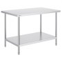 VEVOR stainless steel prep table with undershelf, clean design, durable legs, and polished surface.