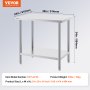 VEVOR stainless steel prep table, 24 x 36 x 34 inches, 35lbs product weight, item het-24*36.