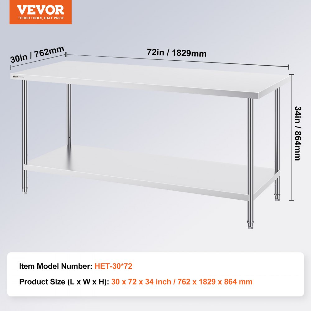 VEVOR RVS-werktafel, stevige metalen werktafel met 3 verstelbare hoogtes, werkstation voor keuken, garage, restaurant, achtertuin 762 x 1829 x 864 mm