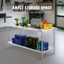 workbench setup with tools and storage bins on a VEVOR stainless steel prep table in a garage workspace.