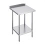 VEVOR stainless steel work table with adjustable feet and lower shelf, ideal for kitchens and commercial use.