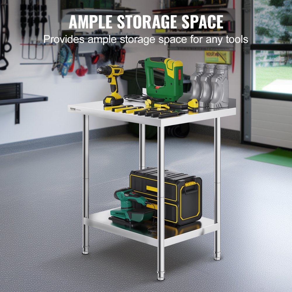 VEVOR RVS werktafel, commerciële voedselbereidingstafel, robuuste, in hoogte verstelbare werktafel voor restaurant, thuis en hotel. Bereidingstafel 610 x 762 x 914 mm