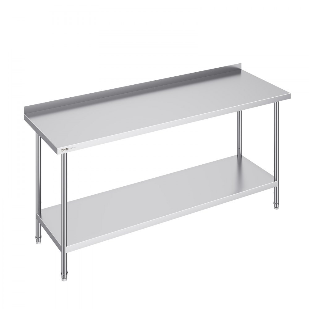 VEVOR stainless steel work table with backsplash, lower shelf, and sturdy metal legs.