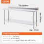 VEVOR stainless steel work table, 72in x 24in x 36in, product specs and dimensions displayed.