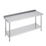 VEVOR stainless steel work table with backsplash, lower shelf, and sturdy metal legs.