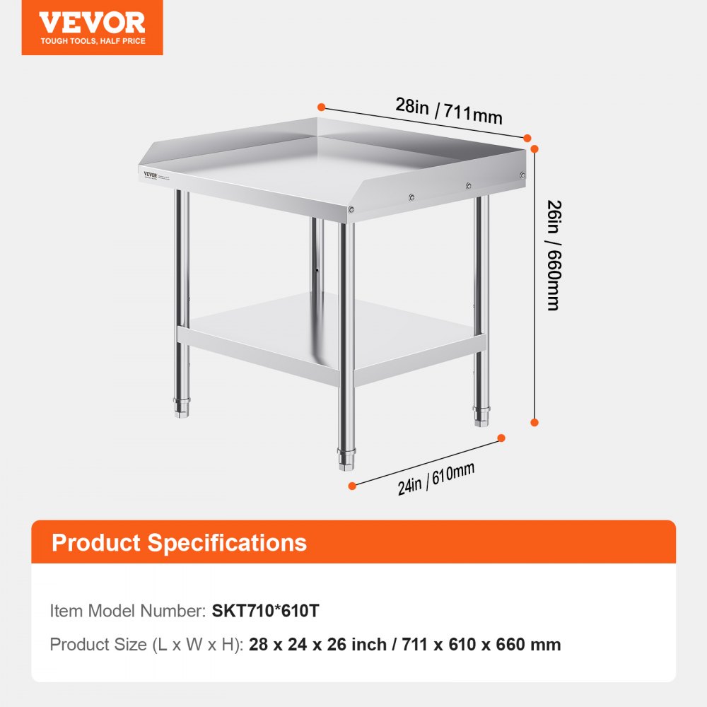 VEVOR RVS werktafel, commerciële voedselbereidingstafel, 610 x 711 x 660 mm spatscherm aan drie zijden, robuuste voorbereidingstafel met verstelbare hoogte