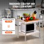 VEVOR stainless steel work table with thickened tabletop, knife set, fruits, vegetables, microwave.