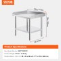 VEVOR stainless steel work table with dimensions 28x24x26 inches (711x610x660mm) and 27 lbs weight.