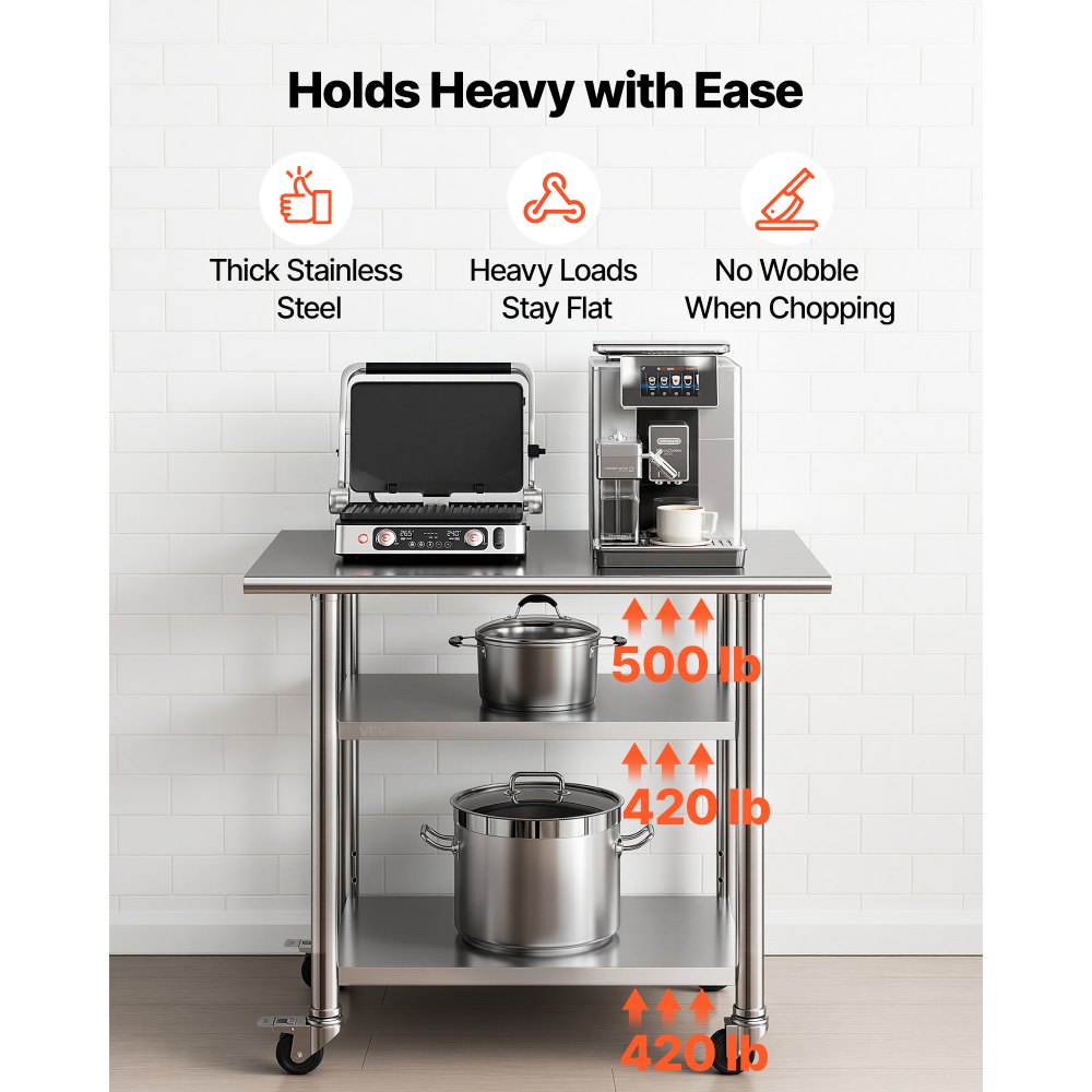 VEVOR Gasto werktafel 915 x 610 x 864 mm, roestvrijstalen tafel met 3 niveaus, wielen en in hoogte verstelbare schappen. Draagvermogen: blad 227 kg en 2 onderste schappen 191 kg elk. Voorbereidingstafel voor restaurants.