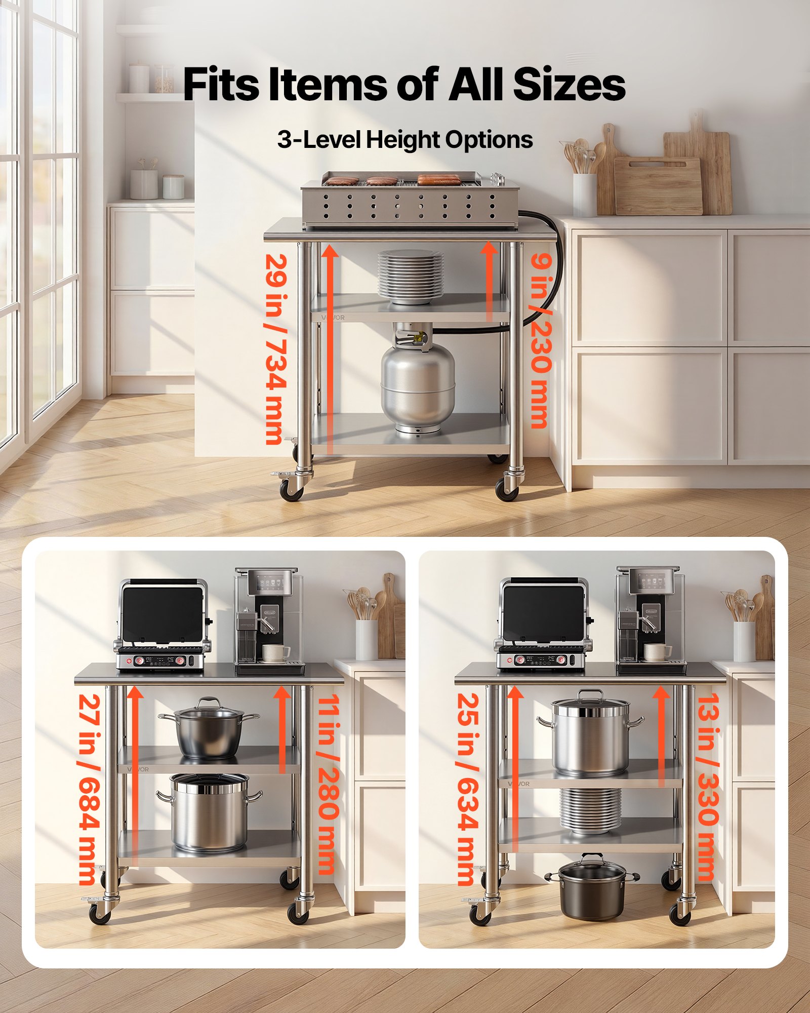 VEVOR Gasto werktafel 915 x 610 x 864 mm, roestvrijstalen tafel met 3 niveaus, wielen en in hoogte verstelbare schappen. Draagvermogen: blad 227 kg en 2 onderste schappen 191 kg elk. Voorbereidingstafel voor restaurants.