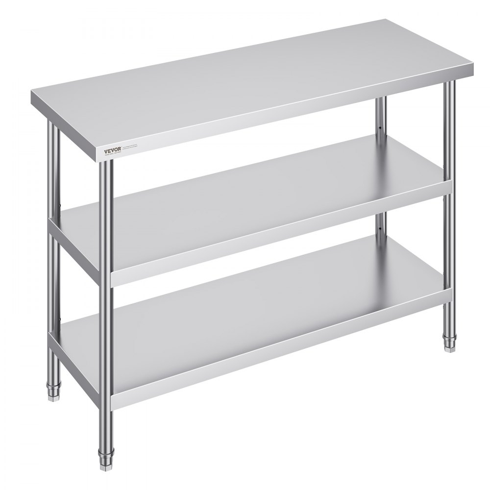 VEVOR stainless steel food prep table with two lower shelves and adjustable legs.