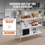 VEVOR stainless steel food prep table with three shelves in a commercial kitchen, load capacities displayed.