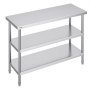 VEVOR stainless steel food prep table with two lower shelves and adjustable legs.