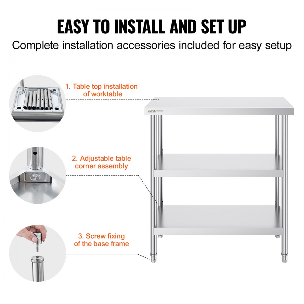 VEVOR Stainless Steel Food Prep Table, 18 x 36 x 34 Inch Commercial Kitchen Worktable, with 2 Adjustable Undershelf, Heavy Duty Prep Table Metal Work Table for BBQ, Kitchen, Home, and Garage