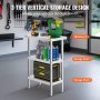 VEVOR stainless steel food prep table with workbench, storage shelf 1 and storage shelf 2 in a workshop.