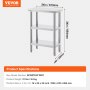 VEVOR stainless steel food prep table with 3 tiers, 24x14x34 inches, weight 21 lbs, model scgzt610*355t