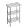 three-tier VEVOR stainless steel food prep table with adjustable shelves and sturdy legs.