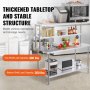 VEVOR double overshelf with thickened tabletop, showcasing top and bottom shelf load capacities in a kitchen.