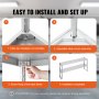 VEVOR double overshelf assembly guide showing table top installation, corner assembly, base frame screw fixing, and completion.