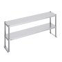 stainless steel VEVOR double overshelf with two-tier design and sturdy support beams for kitchen storage.