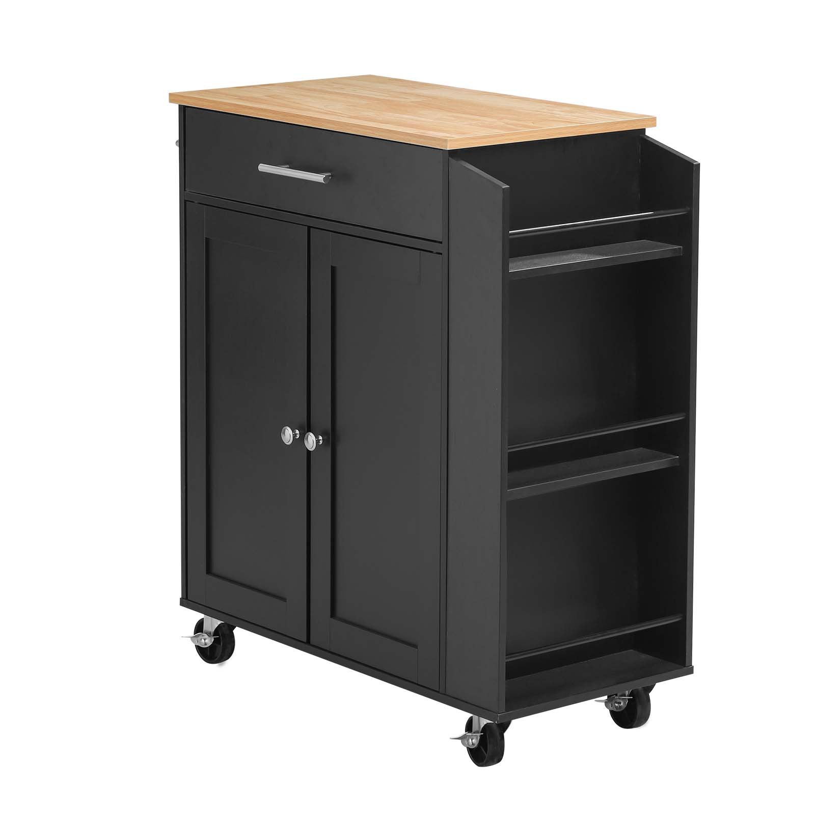 VEVOR Keukeneilandtrolley met 1 lade en 2 deuren, zwart, verrijdbaar keukeneiland, keukentrolley met kruidenrek, handdoekrek, tafelblad (640 x 380 x 15 mm) en verstelbare planken voor de eetkamer